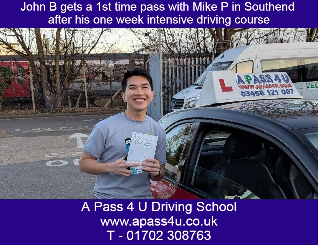 John B gets a 1st time pass on his one week driving course with Mike P in Southend on Sea, Essex. Intensive driving courses get results.