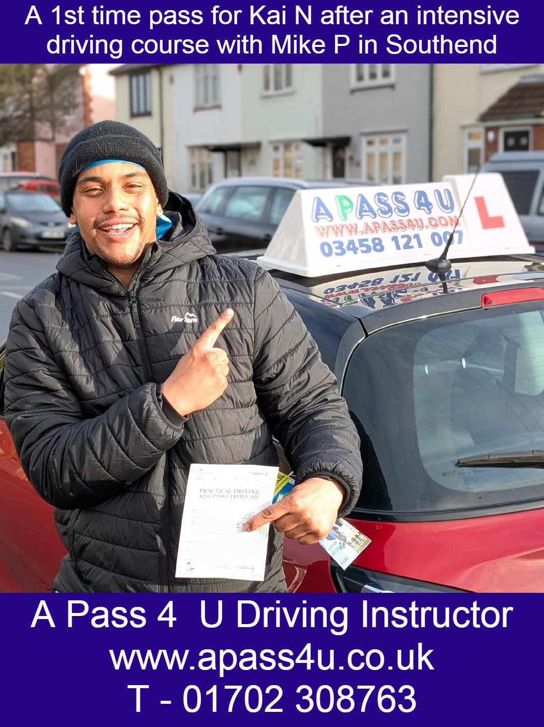 Kai N gets a 1st time pass with Mike P on a driving course in Southend on Sea, Essex. Our one week intensive driving courses get results