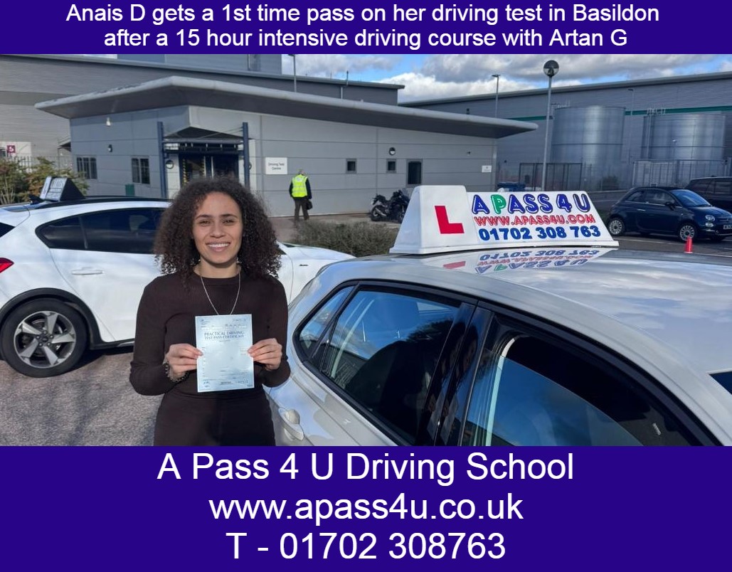 Anais D gets a 1st time pass after a 15 hour intensive driving course with Artan G in Basildon. A great pass in Basildon.