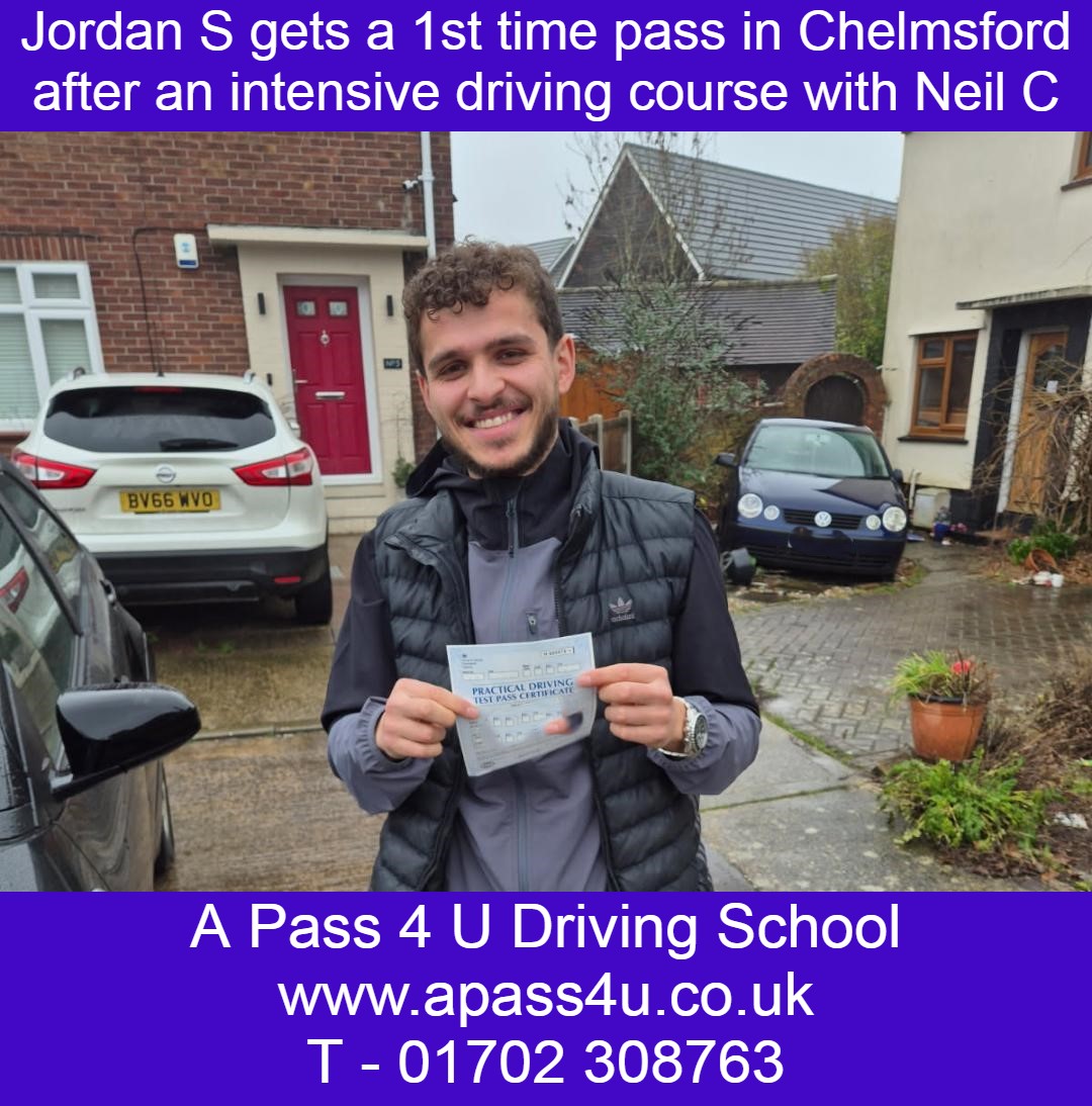 Jordan S gets a 1st time pass with his intensive driving course with Neil C in Chelmsford. We are getting great test result on our courses.