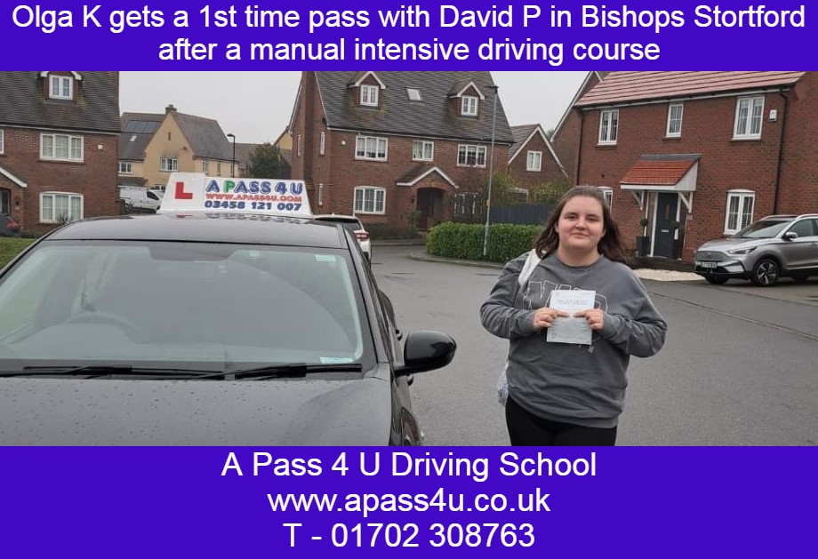 Olga K smashes her driving test 1st time on a driving course with David P in Bishops Stortford, Essex. Great results from driving courses.