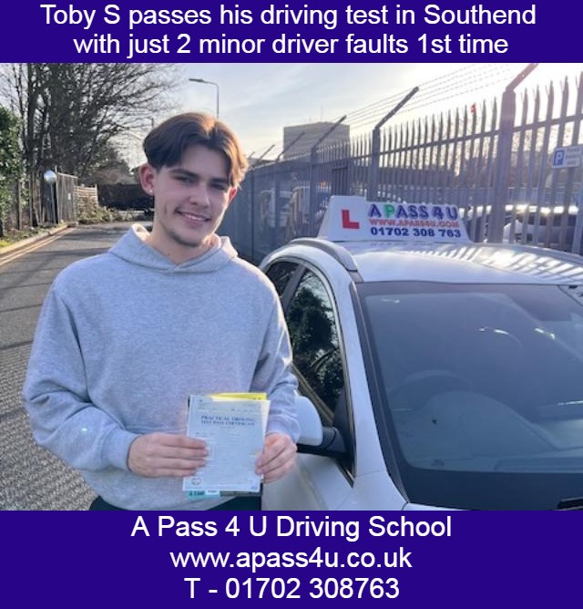 A great pass 1st time with 2 minor driver faults for Toby S after his Southend based intensive driving course with Ray B.