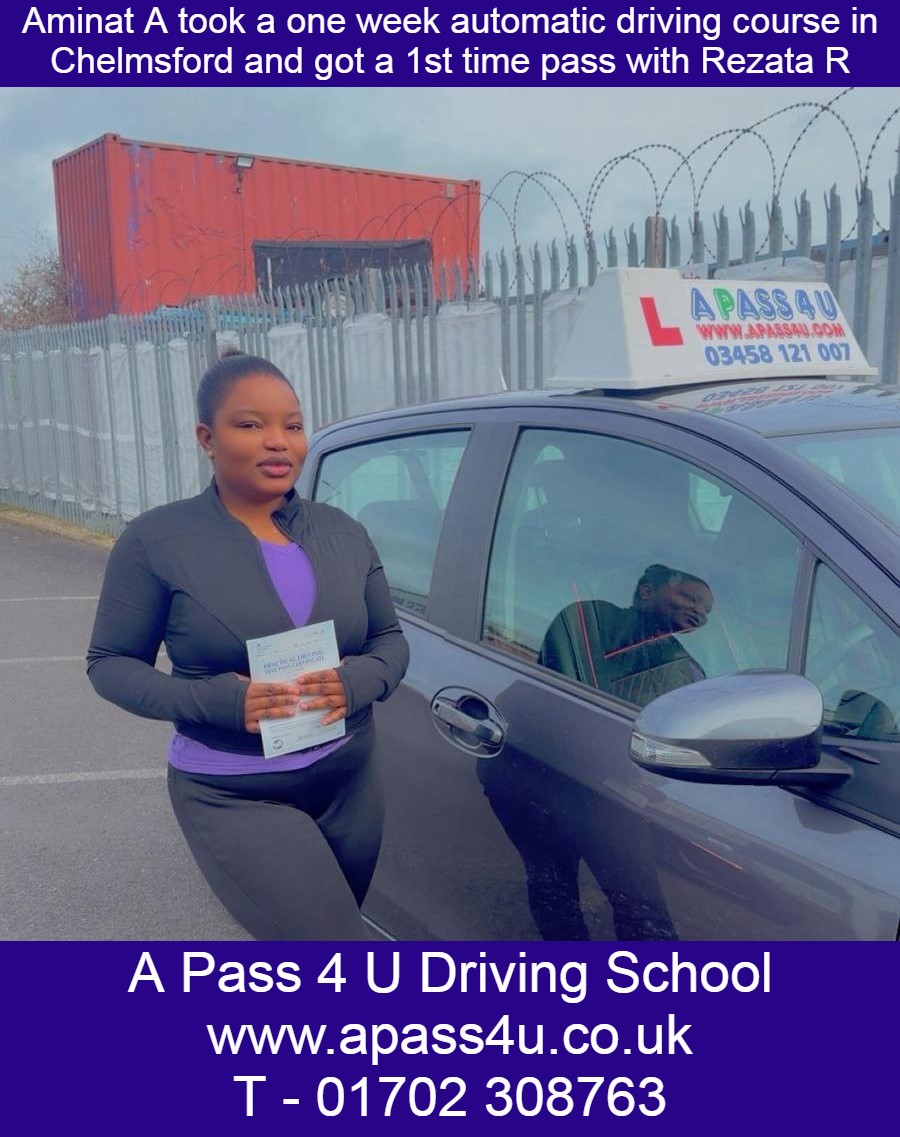 A great 1st time pass for Aminat after a driving course in Chelmsford with our automatic driving instructor Rezarta R.