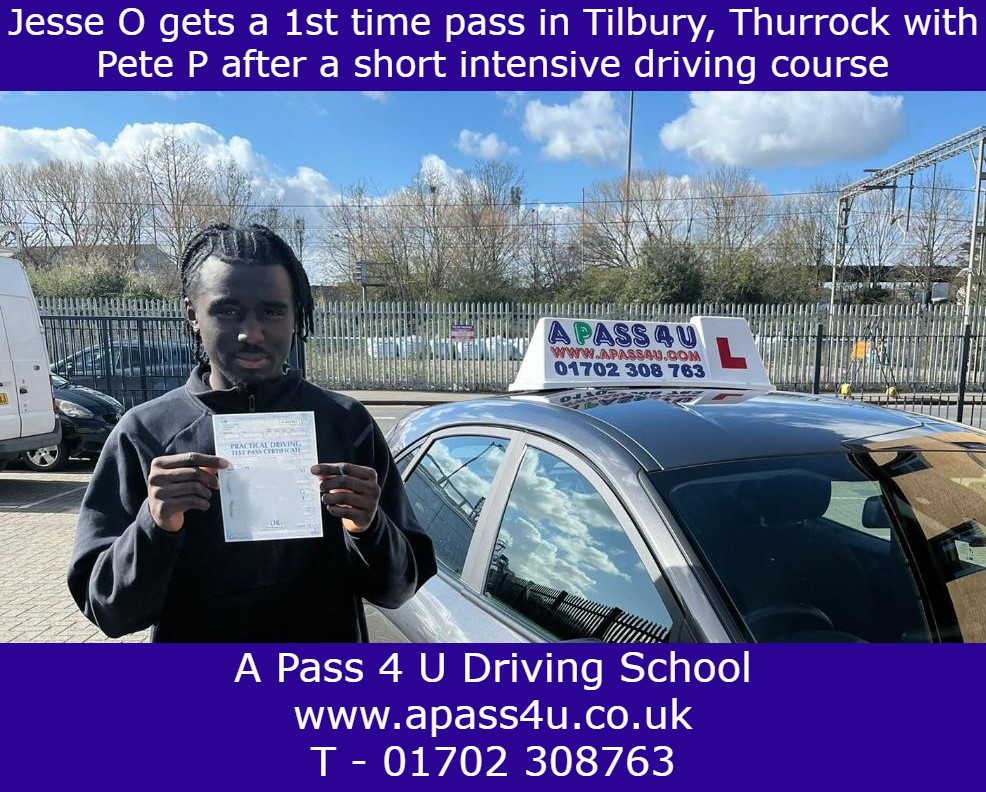 After an intensive driving course Jesse O passes his test with Pete P in Tilbury. Driving courses in Thurrock get test passes.
