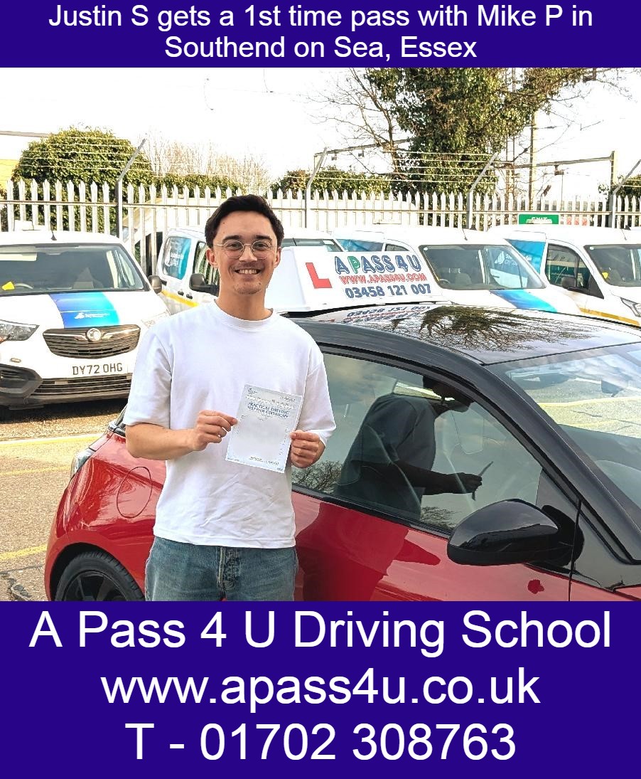 A great 1st time pass for Justin S on his driving course with Mike P in Southend on Sea, Essex. Driving Courses get results!
