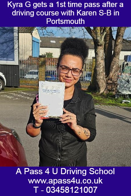 Kyra Gordon gets a 1st time pass with Karen S-B after her one week intensive driving course in Portsmouth. We get results!