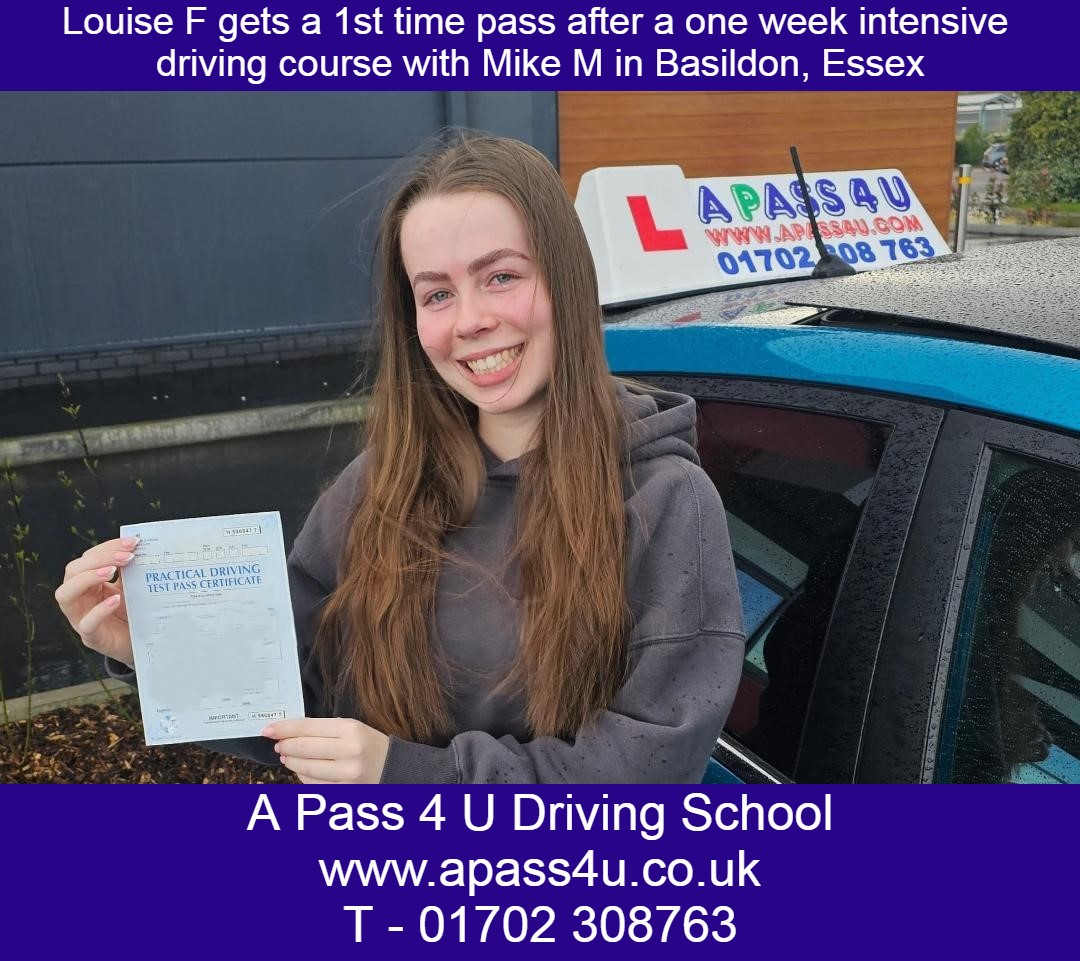 Louise F gets a pass on an automatic driving course with Mike M in Basildon. Our one week intensive driving courses get results!