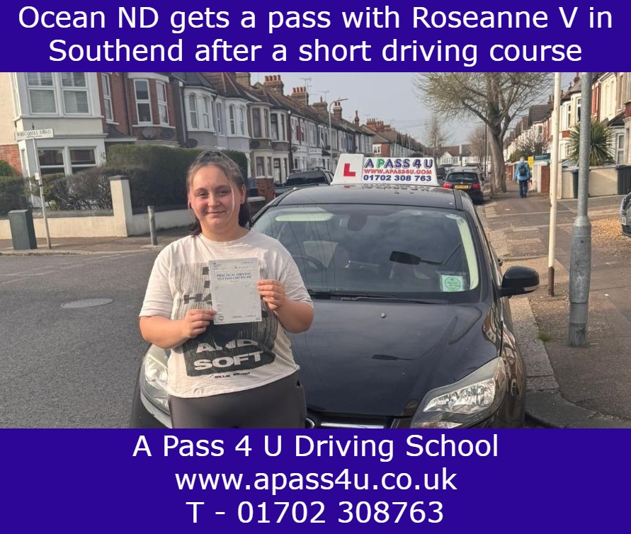 Ocean ND gets a pass after an intensive driving course with Roseanne V in Southend on Sea, Essex. Great results from courses.