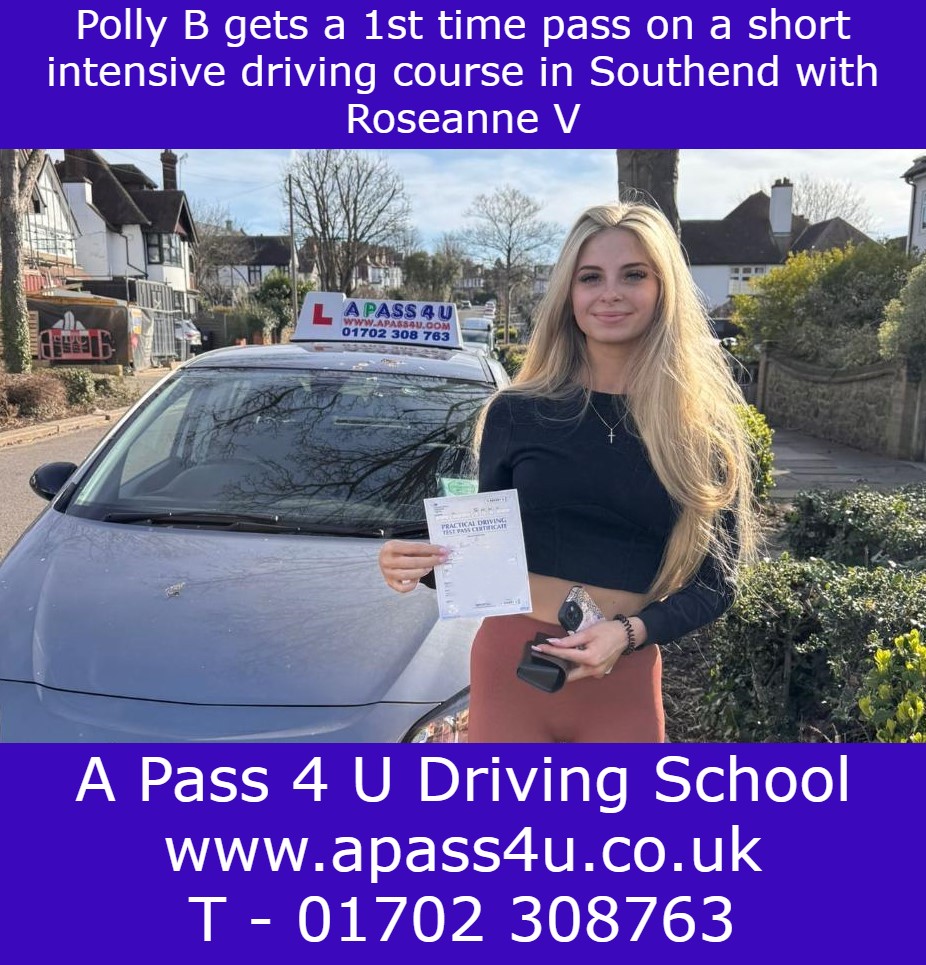 Polly B gets a 1st time pass after a short driving course in Southend on Sea, Essex, with Roseanne V. Driving courses get results!