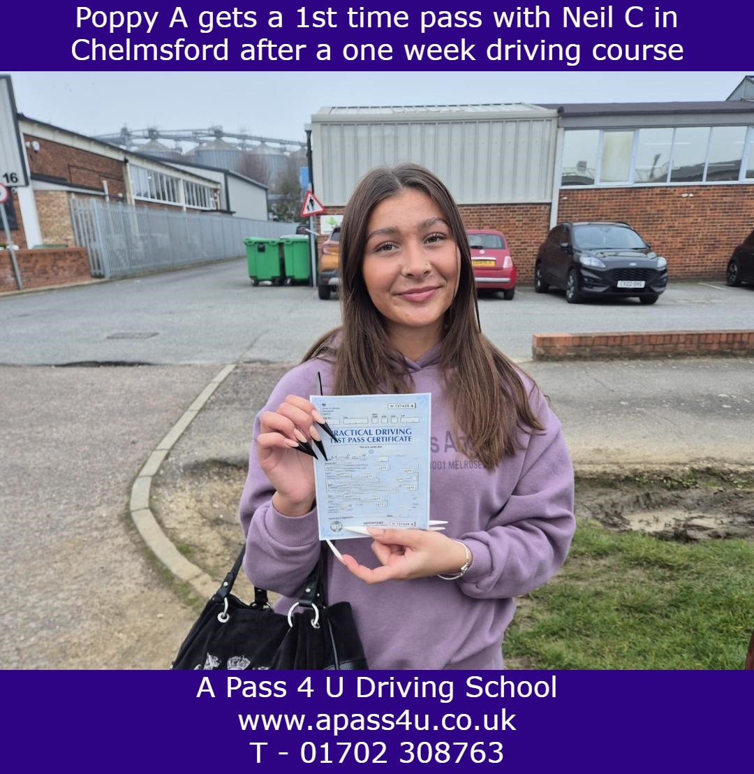 Poppy A gets a 1st time pass after a short driving course with Neil C in Chelmsford. Our intensive driving courses get real results!