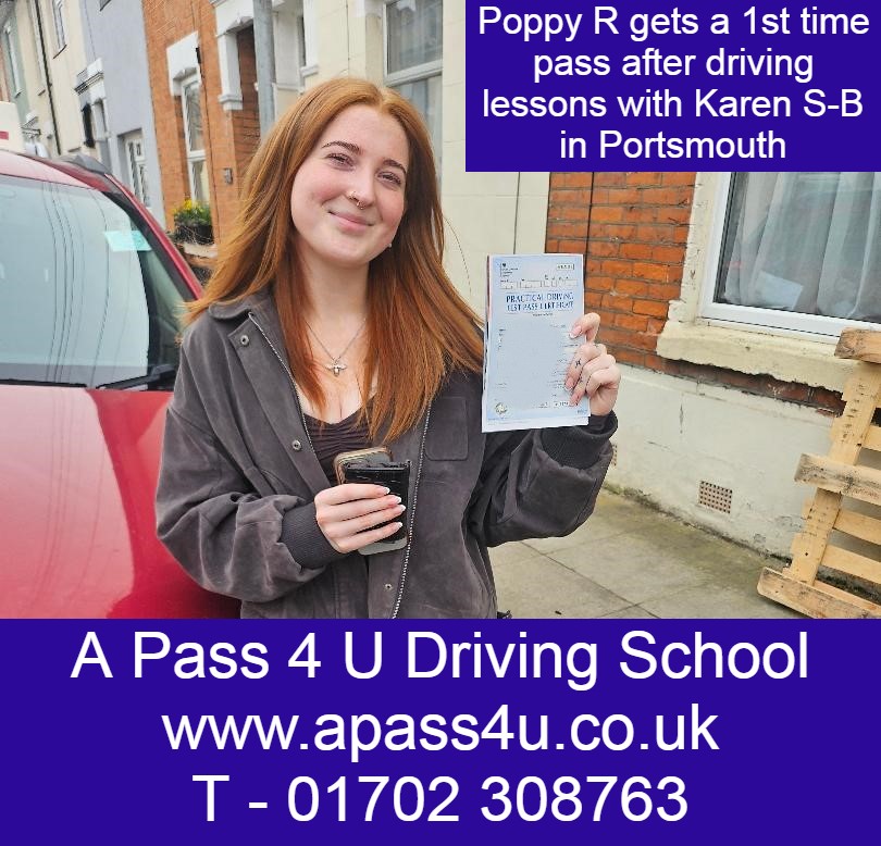 Poppy R gets a 1st time pass on a driving course in Portsmouth with Karen S-B. We get fantastic results with our one week intensive courses