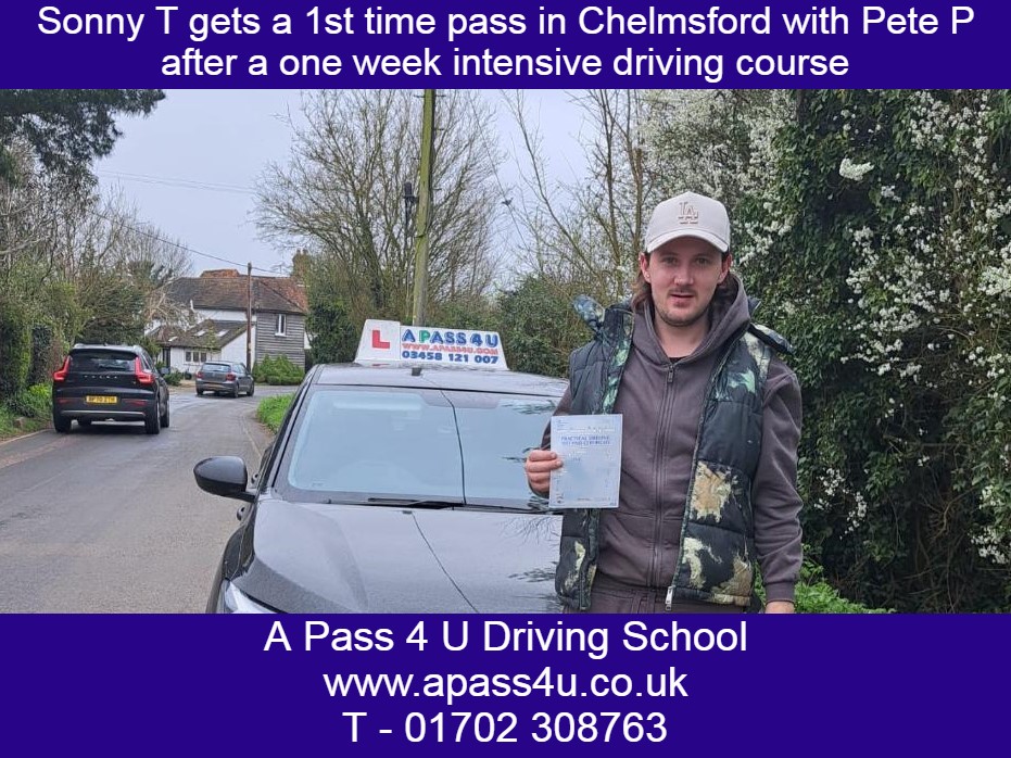 Sonny T gets a 1st time pass with Pete P at the Chelmsford test centre which is actually in Witham after a 3 days intensive driving course.