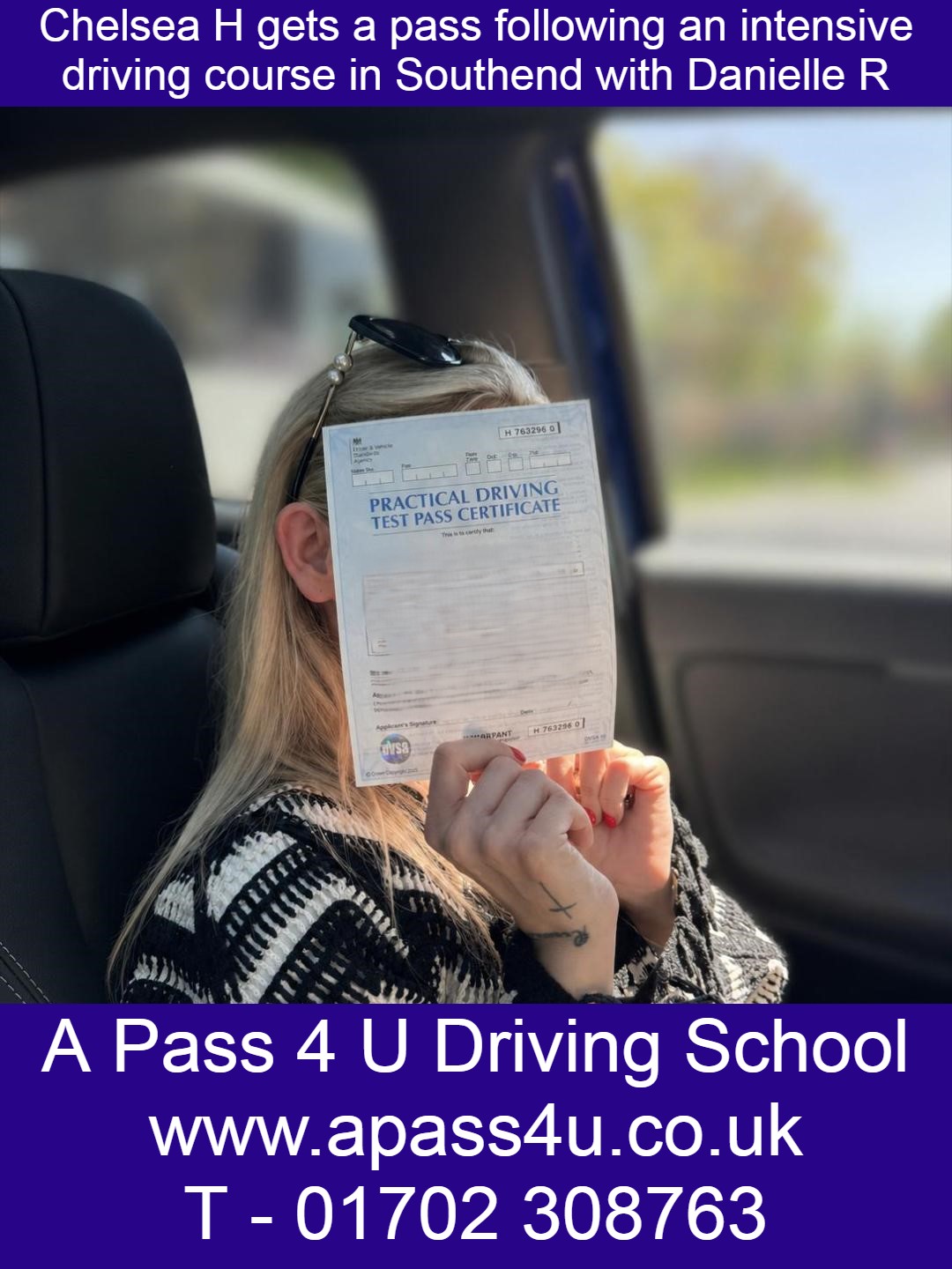 Chelsea H gets a driving test pass after her driving course with driving instructor Danielle R in Southend on Sea, Essex.