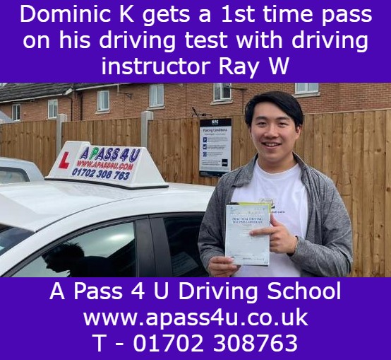 Dominic K gets a 1st time pass after his driving course in Southend with Ray W. What a great result on his intensive driving course.