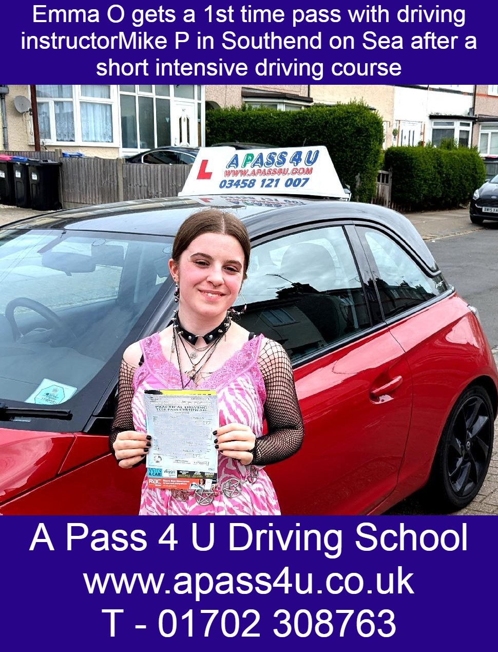 Short driving course gets a pass for Emma O in Southend on Sea, Essex with driving instructor Mike P. A great result!