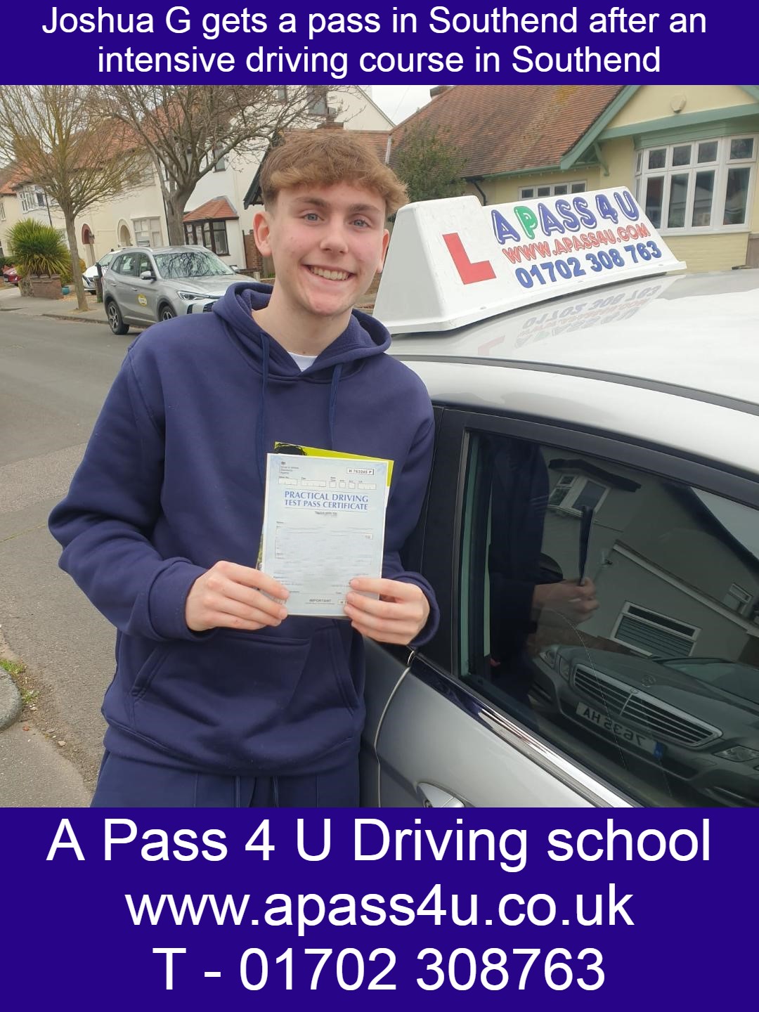 Boom! A 1st time pass for Joshua on his driving course with Mark I in Southend on Sea, Essex. Get on the road with A Pass 4 U Driving School.