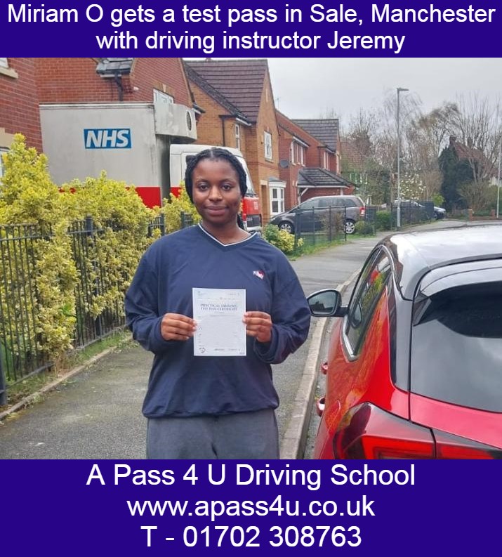 Miriam O gets a pass with Jeremy G after a short driving course in Sale, Manchester. Driving lessons and courses available.