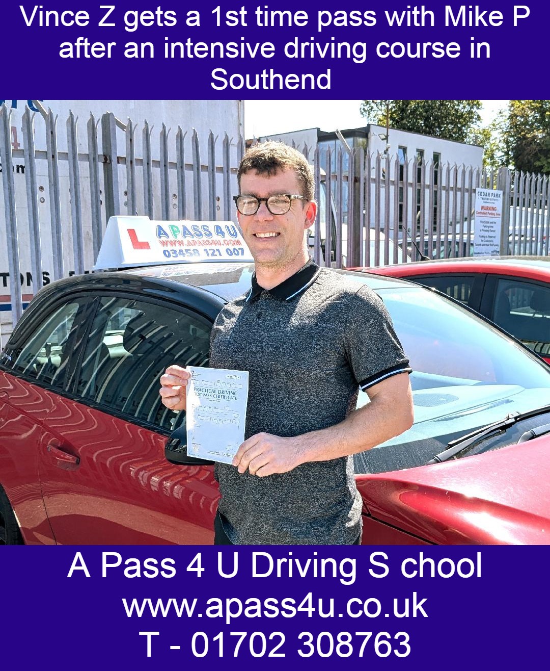 Vince Z gets a 1st time pass after driving course in Southend on sea, Essex, with driving instructor Mike P. A Fantastic result!
