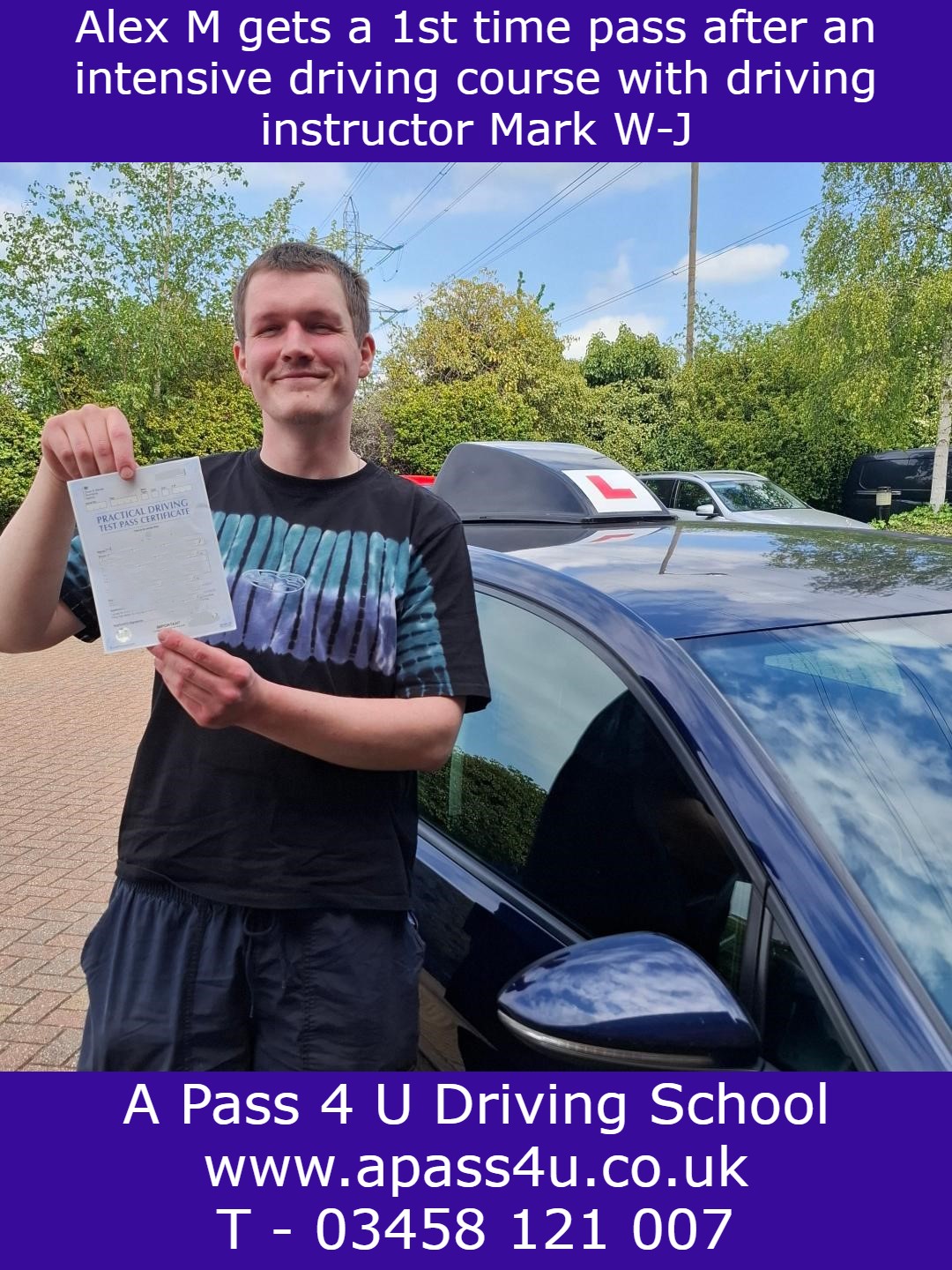 Alex M gets a 1st time pass in Aylesbury with Mark W-J after a one week intensive driving course. A great 1st time pass!
