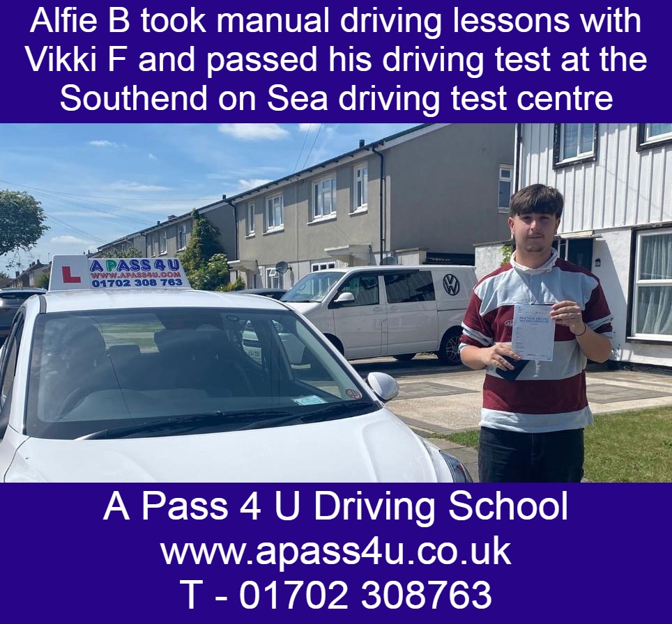 Alfie B gets a pass after manual driving lessons with Vikki F in Southend on Sea, Essex. Lessons available in Chelmsford and Colchester