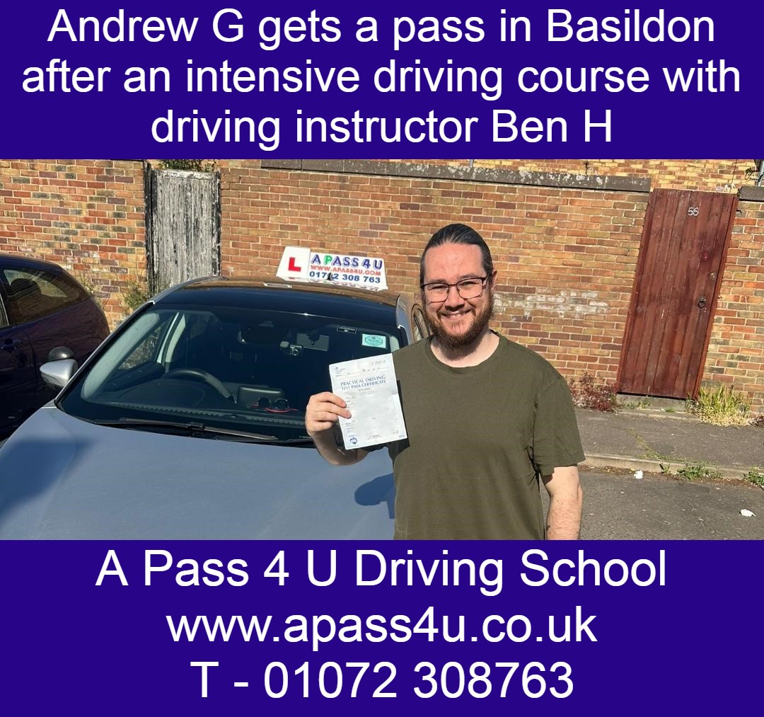 Andrew G gets a pass after a driving course with Ben H in Basildon. What a great result after an intensive driving course in Basildon.