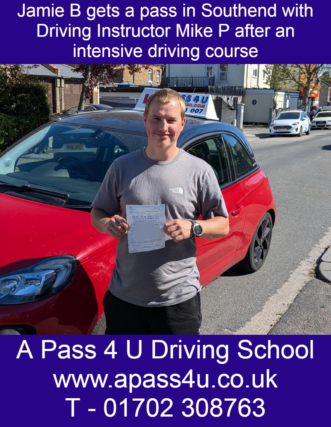 Jamie B gets a pass with Mike P on his driving course in Southend on Sea, Essex. A Pass 4 U Driving School get great results in Essex.