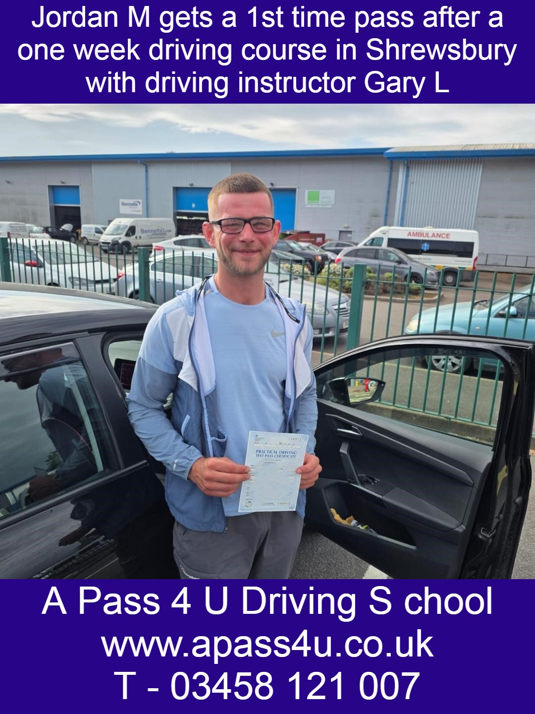 Jordan M gets a 1st time pass on his driving course in Shrewsbury with our driving instructor Gary L. Great results in Shrewsbury.