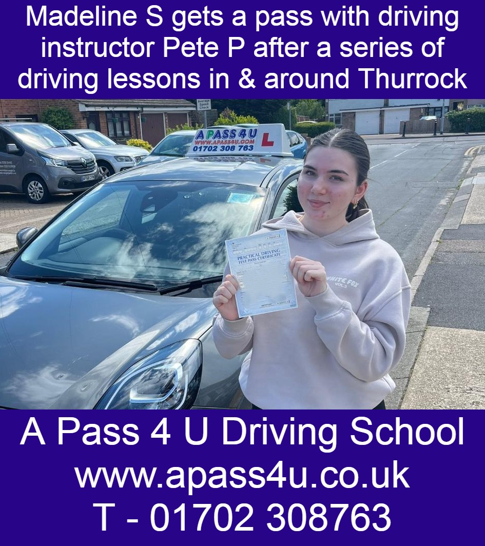 Madeline S gets a 1st time pass after driving lessons with manual driving instructor Pete P in Tilbury. Driving lessons available in Thurrock