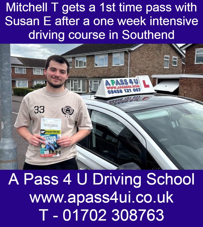 A 1st time driving test pass for Mitchell T on a driving course with driving instructor Susan E in Southend.