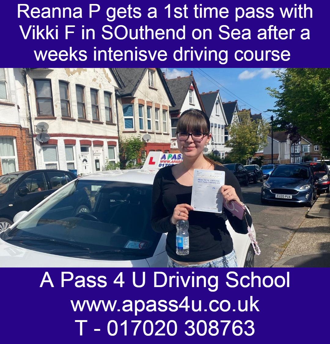 Reanna P gets a 1st time pass on driving course with Vikki F in Southend on Sea, Essex. Driving tuition available across Essex.