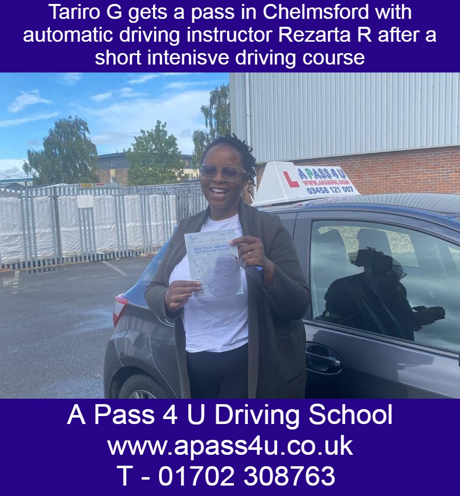 Tariro G gets a pass with auto instructor Rezarta R in Chelmsford, Essex. Intensive driving courses and driving lessons available.