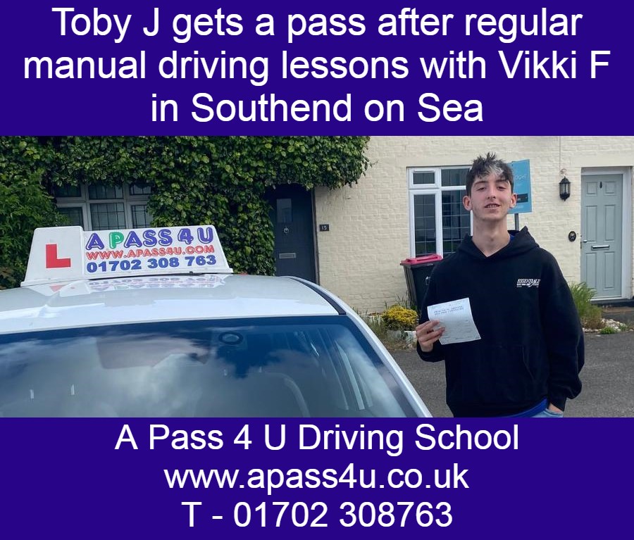 Toby J gets a 1st time pass with instructor Vikki F in Southend after manual driving lessons. lessons available across Essex.