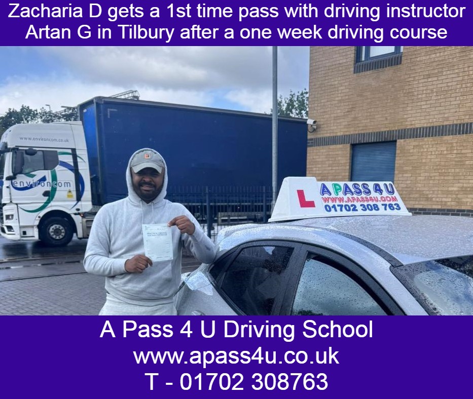 A great pass for Zacharia with driving instructor Artan G in Tilbury, Thurrock. We get great results with our driving courses across Thurrock
