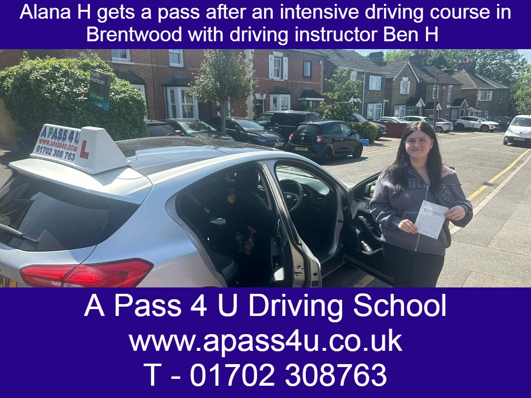 Alana H gets pass with Ben H after her driving course in Brentwood, Essex. Driving Lessons and intensive courses available in Brentwood.