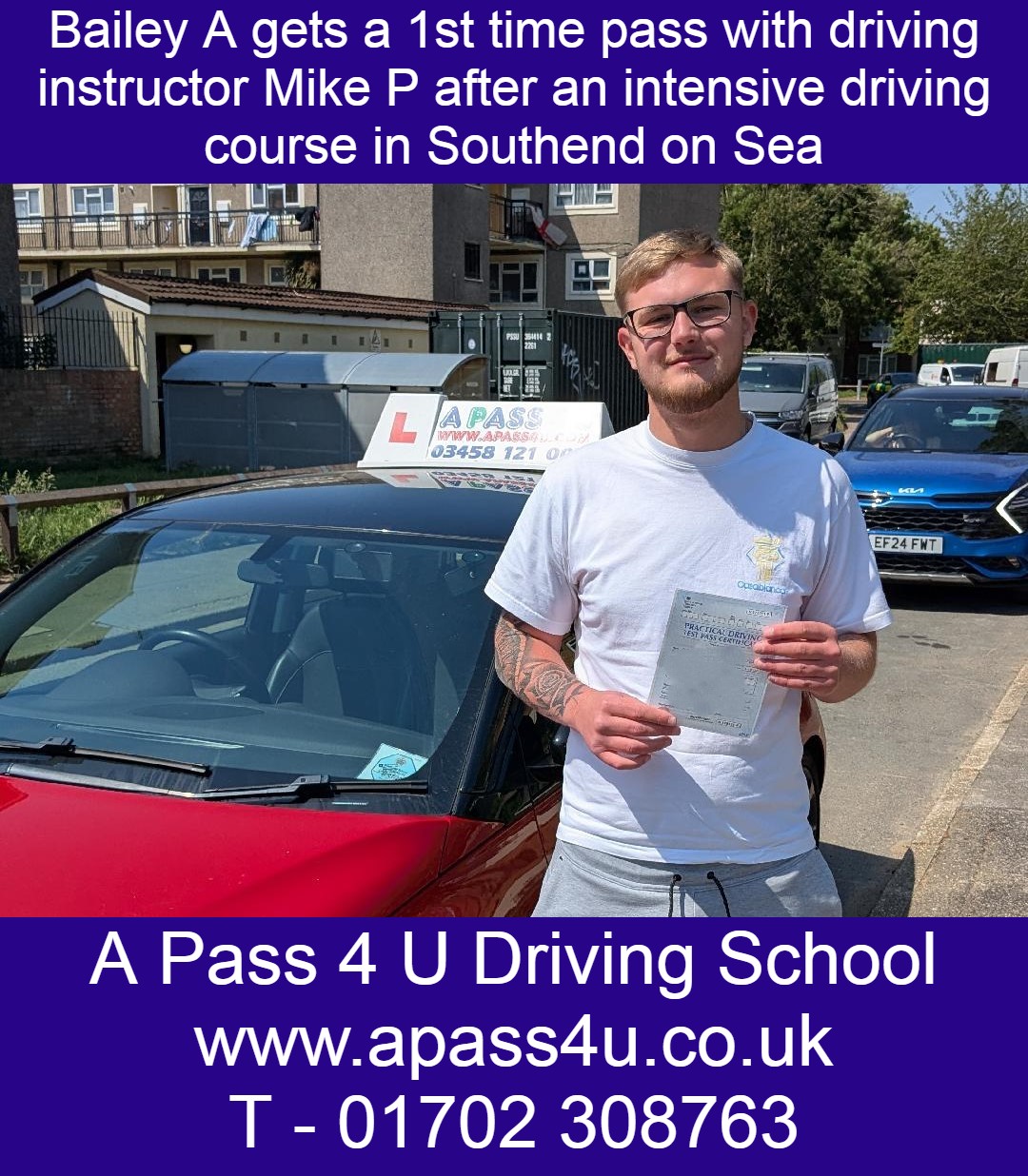 Bailey A gets a 1st time pass with Mike P after the intensive driving course in Southend on Sea, Essex. Southend Intensives available.