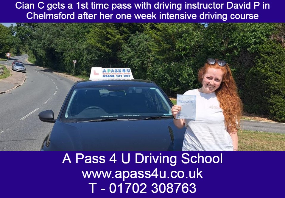A 1st time pass for Cian C after an intensive driving course with David P in the Chelmsford, Essex. Driving Lessons available.