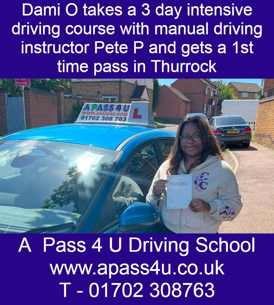 Dami gets a 1st time pass in Thurrock with Pete P after a short, 3 day intensive driving course. Intensive driving courses available now.