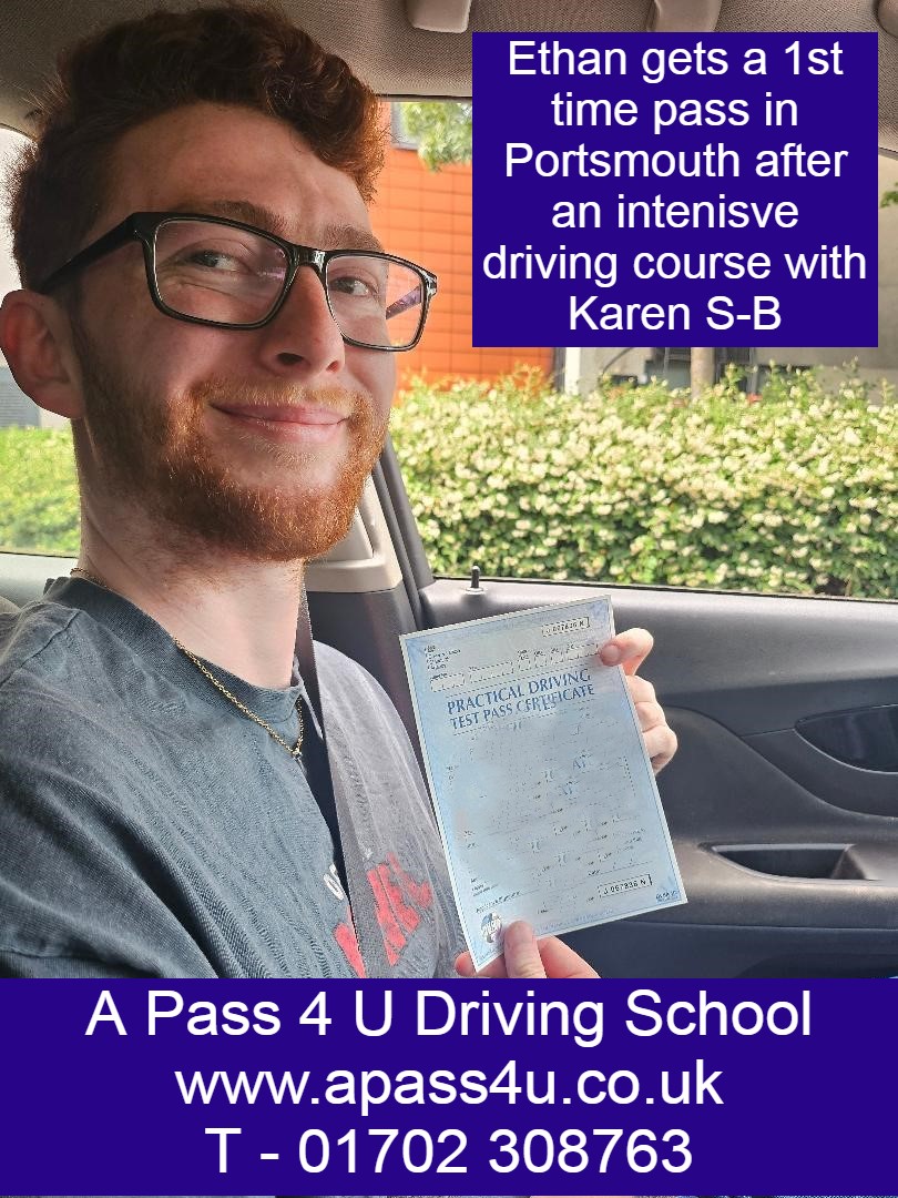 A 1st time pass for Ethan M after his one week driving course with Karen S-B in Portsmouth. We cover the whole Portsmouth area.
