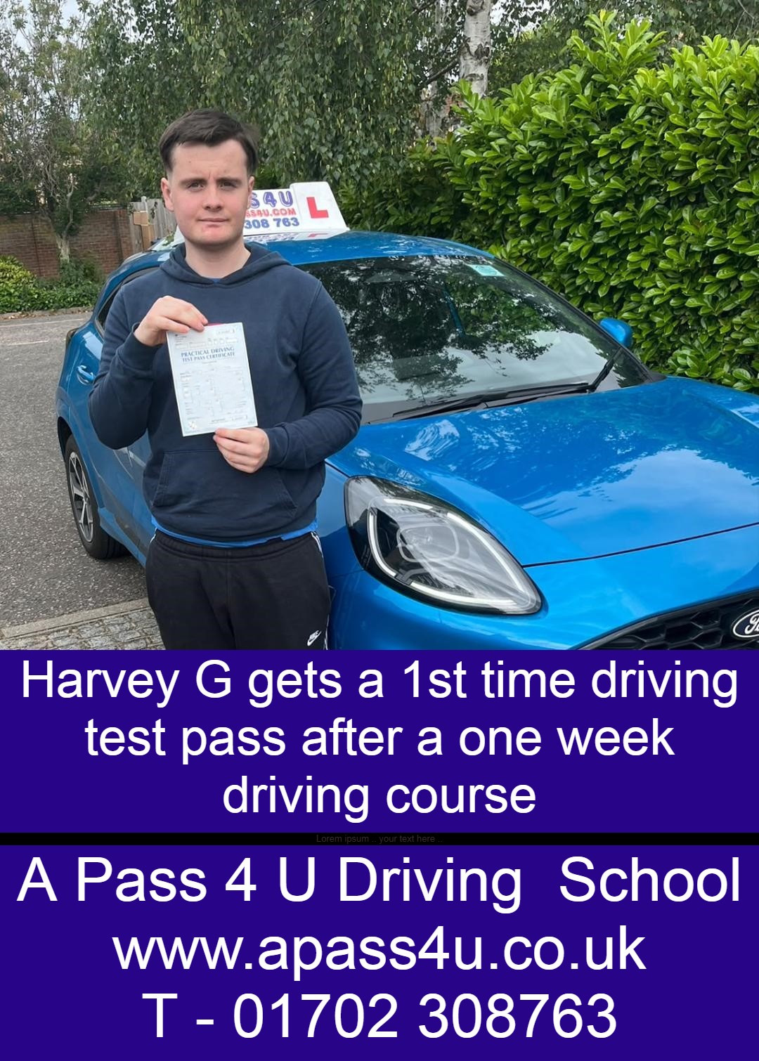 1st time pass for Harvey G on his driving course in Thurrock, Essex, with driving instructor Pete P. Driving Lessons available across Essex.