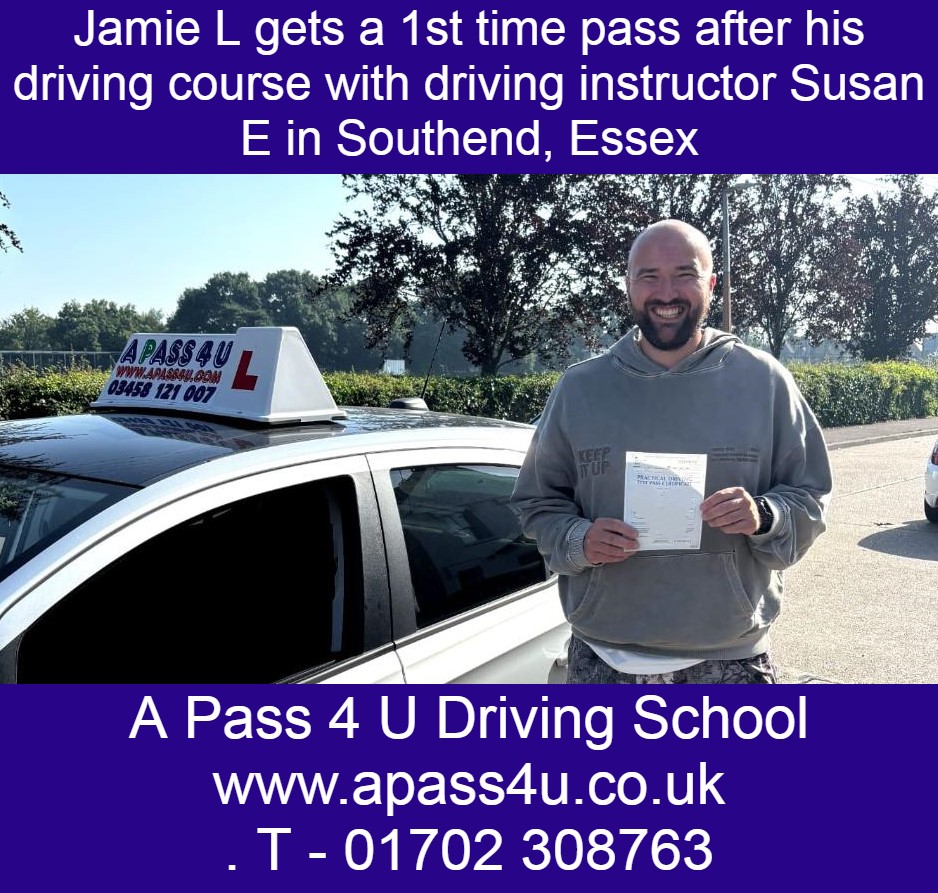Jamie L gets an easy pass after his intensive driving course with driving instructor Susan E in Southend on Sea, Essex.