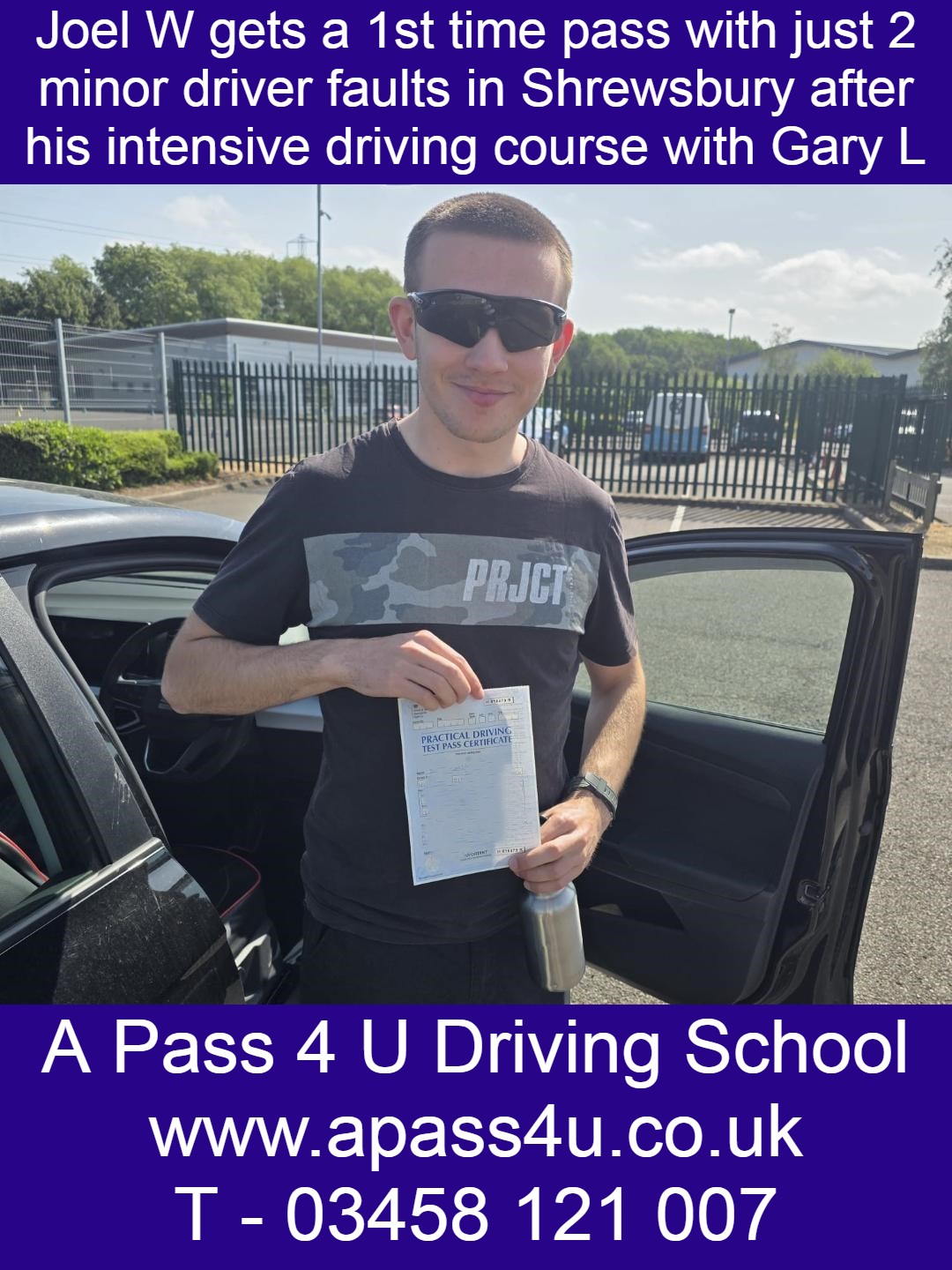 Joe W gets a pass with just 2 minor faults on his intensive driving course in Shrewsbury with driving instructor Gary L.. A great result!