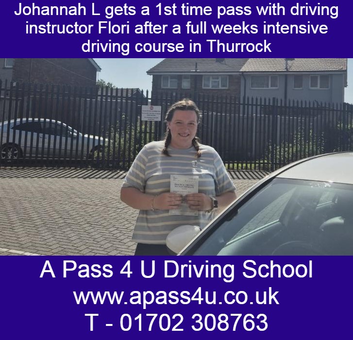 Johannah B gets a 1st time pass with driving instructor Flori after a full one week intensive driving course in Thurrock, Essex.