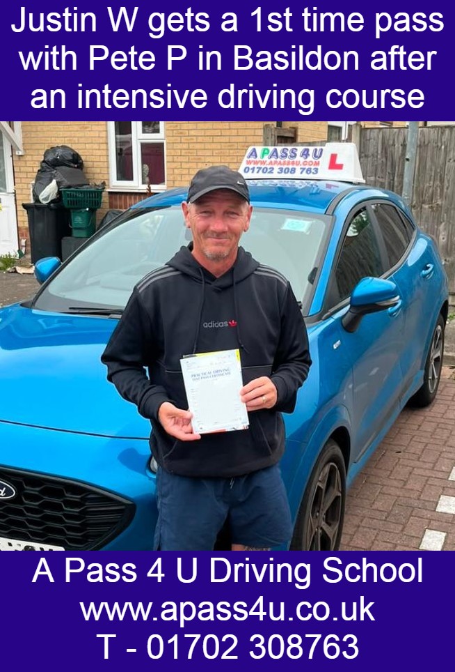 Justin W gets a 1st time pass on a driving course in Basildon, Essex, with driving instructor Pete P. Driving Courses available across Essex.