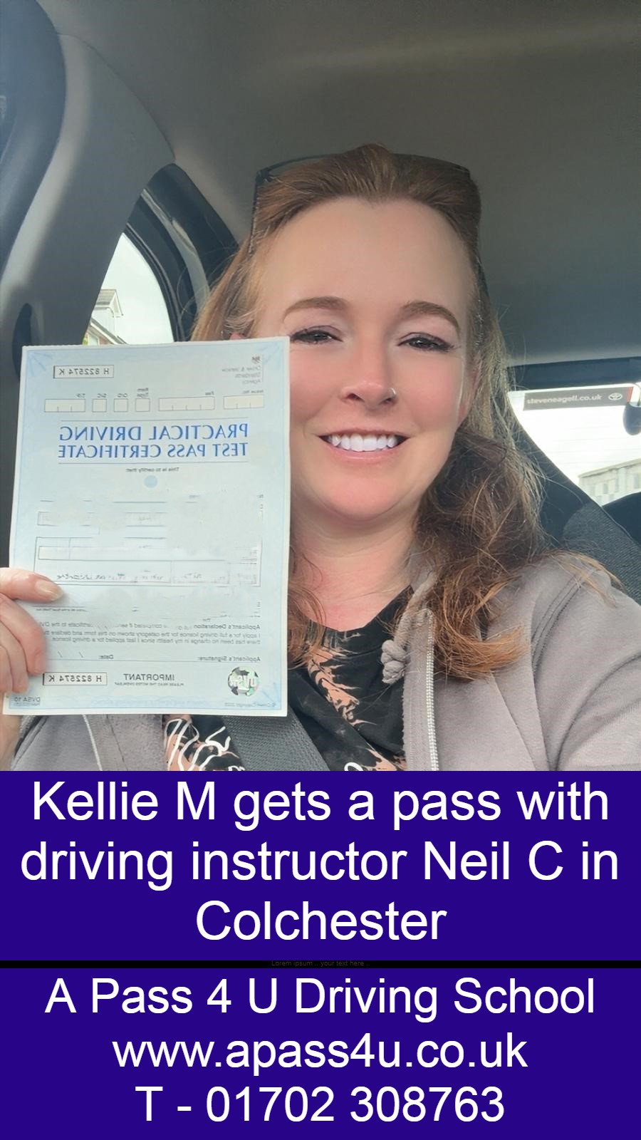 Kellie M gets a 1st time pass with driving instructor Neil C after an intensive driving course in Colchester, Essex.