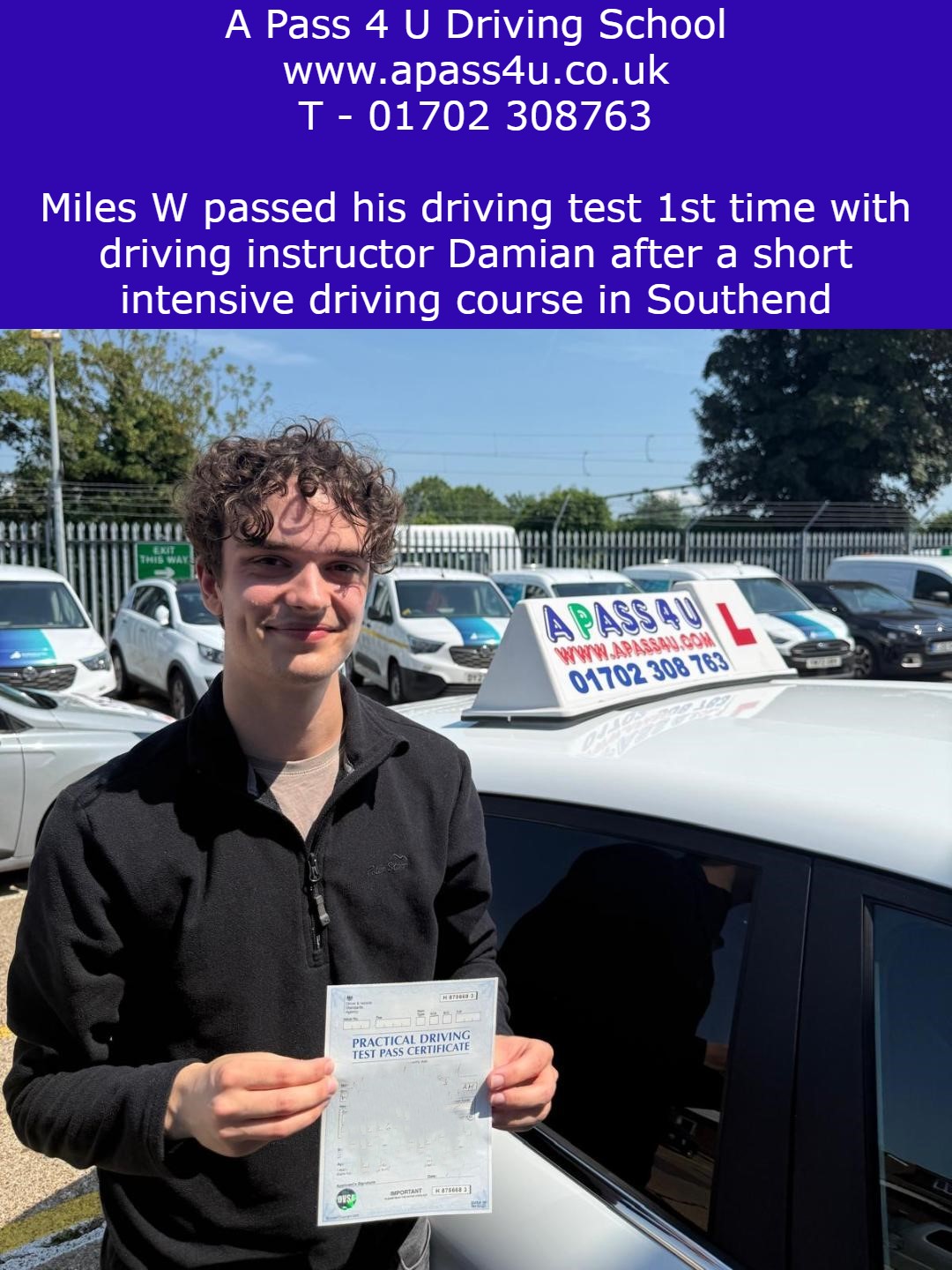Miles W gets a 1st time pass after his intensive driving course with Damian L in Southend on Sea, Essex. Driving Courses in Essex.