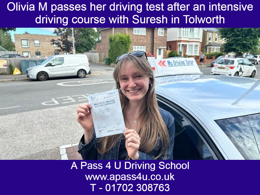 Olivia M gets a pass after her one week driving course with driving instructor Suresh in Tolworth. Driving Courses available now!