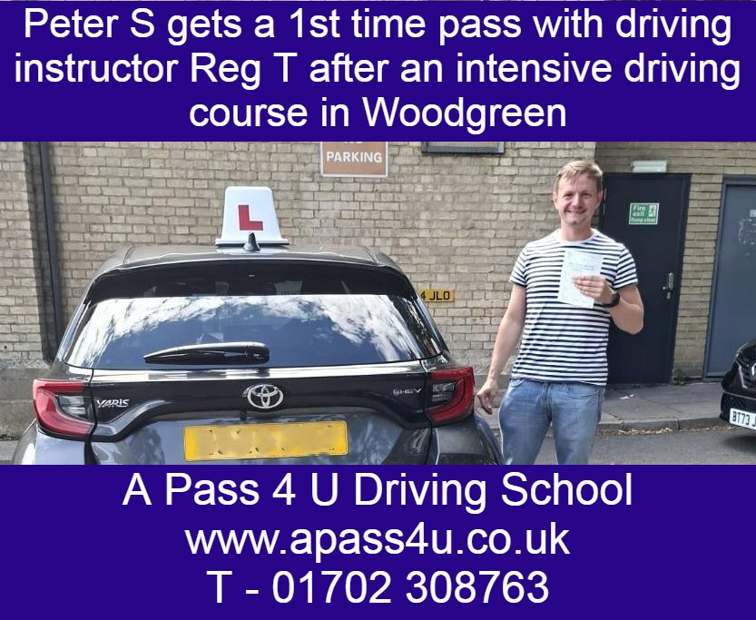 Peter S gets a 1st time pass in Woodgreen with driving instructor Reg T after an intensive driving course.