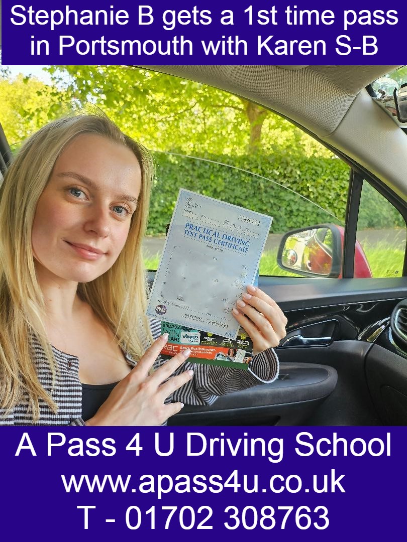 Stephanie B gets a 1st time pass with just 2 minor driver faults on her intensive driving course with Karen S-B in Portsmouth.