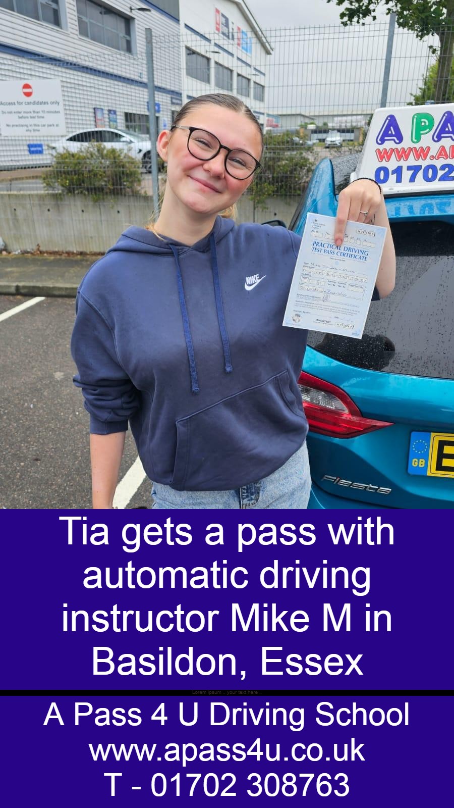 Tia gets a pass in Basildon with Mike M after a series of automatic driving lessons. Automatic driving lessons available across Essex.