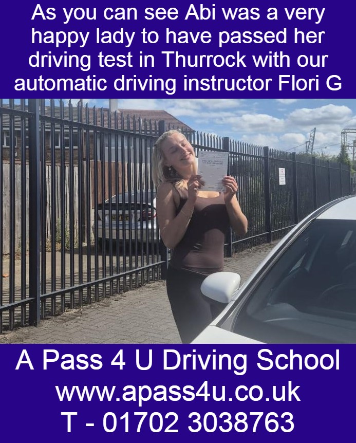 Abi M was a very happy lady after passing her test with automatic driving instructor Flori G in Thurrock as part of her driving course.